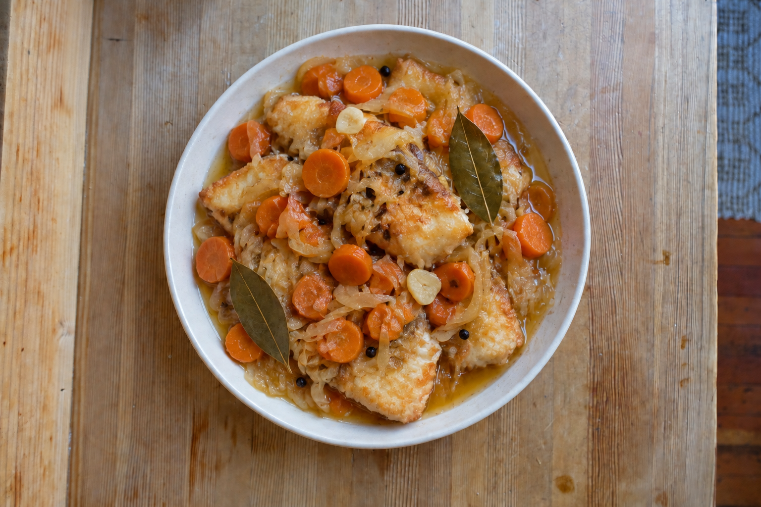 Escabeche with fish, softened onion and carrot